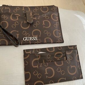Guess Dark Brown Monogram Clutch and Cardholder